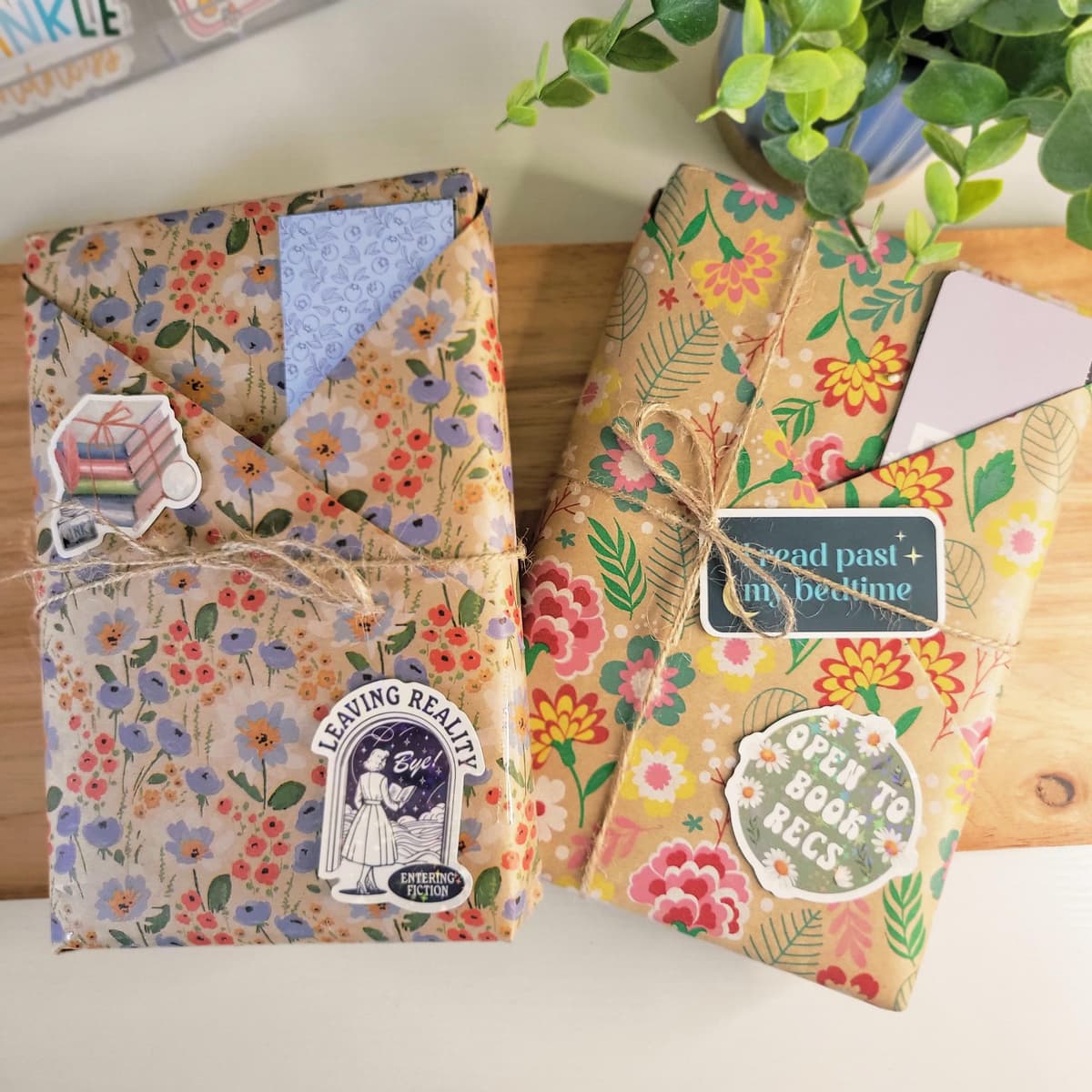 Book subscription package with wrapped book, bookmarks, and stickers